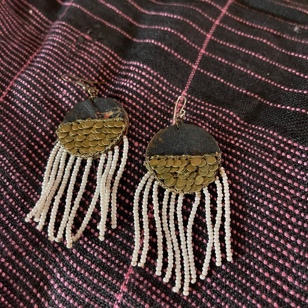 artisan made bead earring white fringe bronze fish scale ocean theme coastal fun